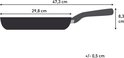 Schematische weergave van een koekenpan met afmetingen: diameter 29,8 cm, lengte 47,3 cm, hoogte 8,3 cm.