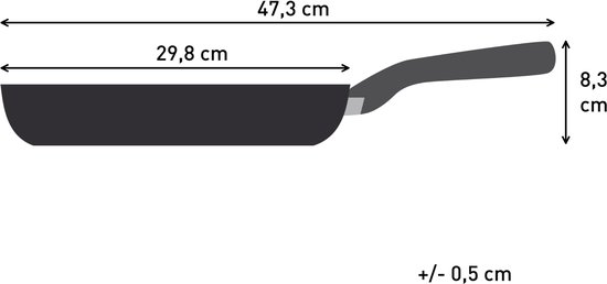 Schematische weergave van een koekenpan met afmetingen: diameter 29,8 cm, lengte 47,3 cm, hoogte 8,3 cm.