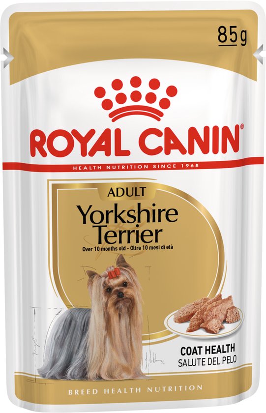Royal Canin Yorkshire Terrier Adult 85g. Paté en stukjes. Yorkie met rode strik.