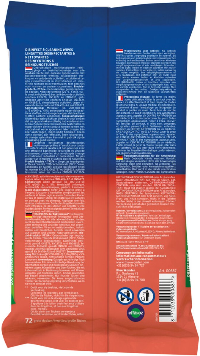 Blue Wonder Desinfectie Reiniger Doekjes - 4 x 72 stuks - Voordeelverpakking