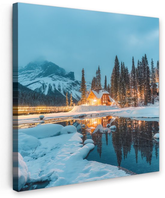Tableau de jardin extérieur 60x60 cm - Décoration de jardin Paysage d'hiver - Nature - Maison - Montagnes - Neige - Affiche de jardin sur toile - Décoration murale de Jardin - Décoration de tableau extérieur - Décoration de clôture - Toile extérieure