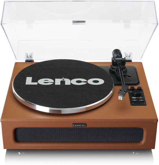 Bruine platenspeler met Lenco logo op de zwarte plaat. Met klep open, toonarm en zilveren rand.