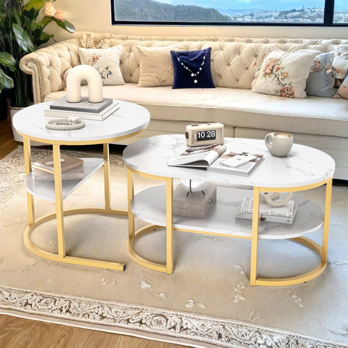Salontafel set 2-delig – Marmerlook wit met goud frame – Moderne koffietafel/bijzettafel voor woonkamer