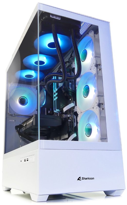 Witte Sharkoon AK6 RGB computerkast met 6 RGB ventilatoren, waarvan 3 aan de voorzijde en 3 aan de linkerzijde. De behuizing heeft een glazen zijpaneel.