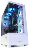 Witte Sharkoon AK6 RGB computerkast met 6 RGB ventilatoren, waarvan 3 aan de voorzijde en 3 aan de linkerzijde. De behuizing heeft een glazen zijpaneel.