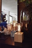 Twee vintage-stijl LED-lampen, één met gouden gloed, op houten en metalen sokkels, naast een grote vaas.