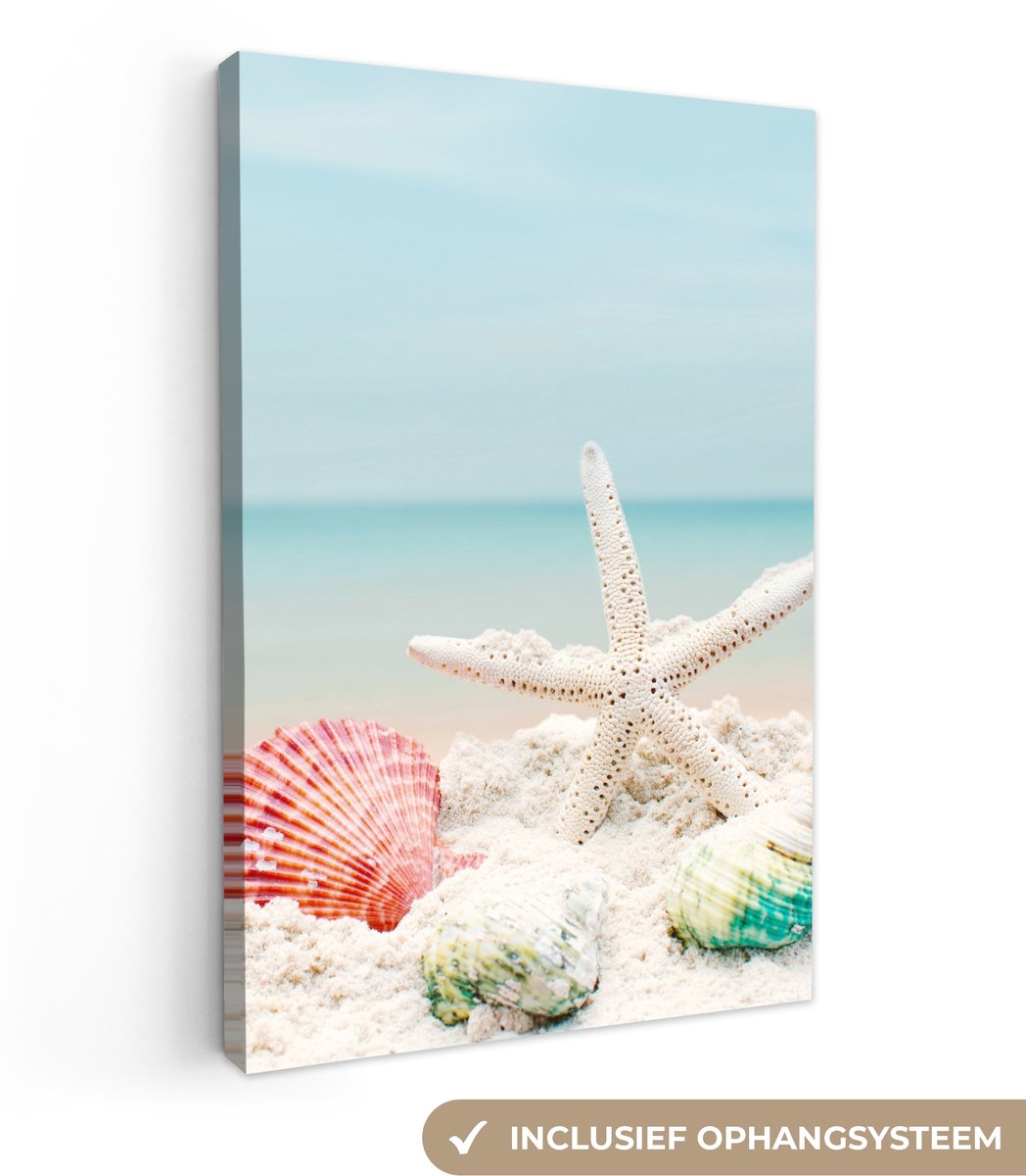 Canvas schilderij 20x30 cm - Wanddecoratie badkamer Strand - Zeester - Schelpen - Zee - Mu
