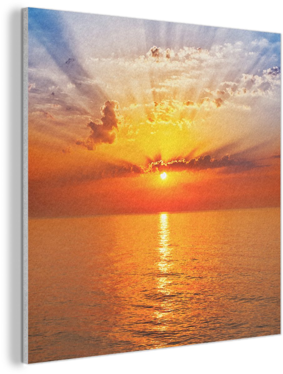 Akoestisch wandpaneel 50x50 cm - Vilt schilderij Zonsondergang - Zee - Lucht - Oranje - Horizon - Water - Akoestische panelen - Geluidsdempende wanddecoratie - Geluidsisolatie woonkamer - Muurdecoratie geluidspanelen
