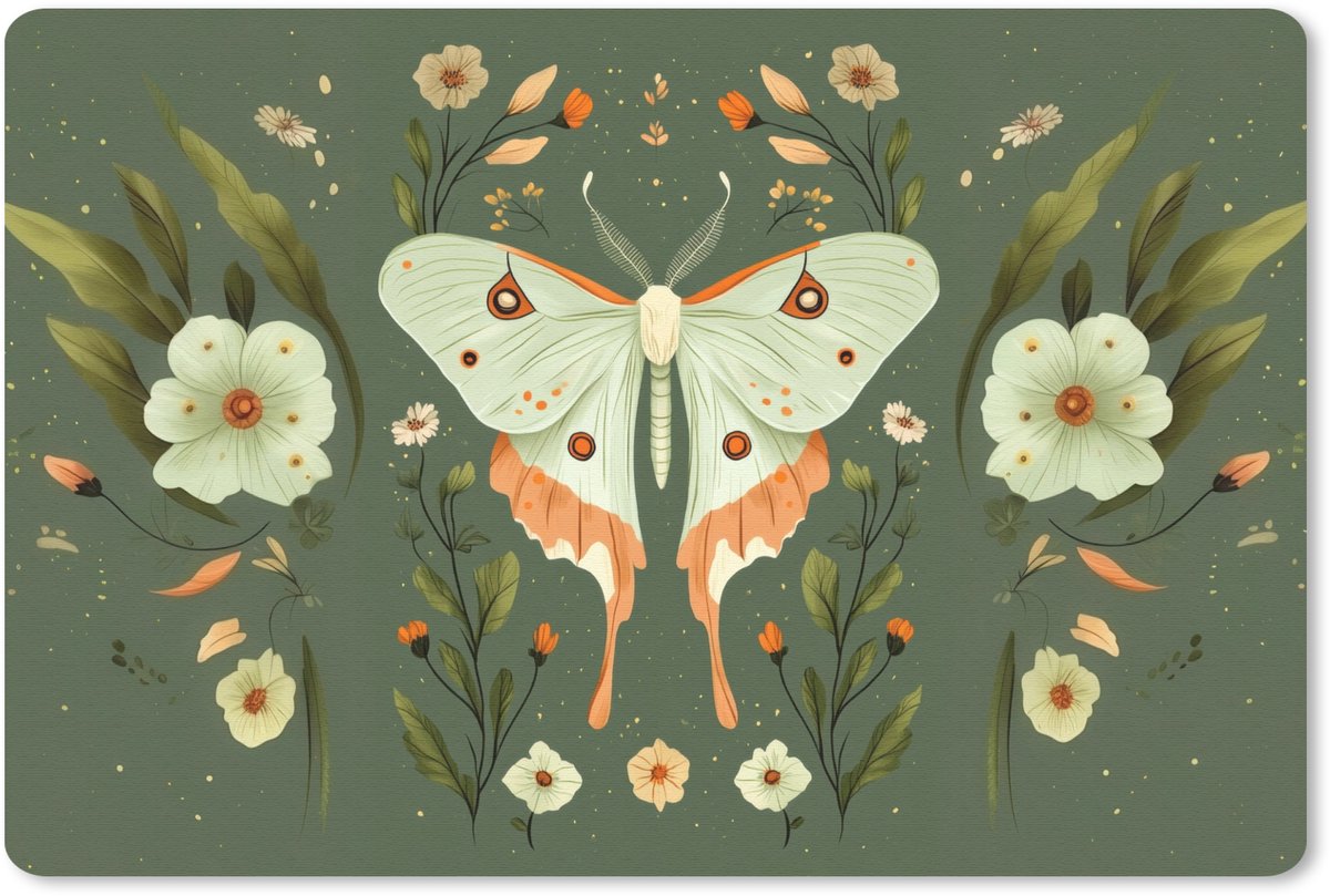 Muismat 27x18 cm - Mousepad Bloemen - Bladeren - Olijfgroen - Vlinder - Muismatten