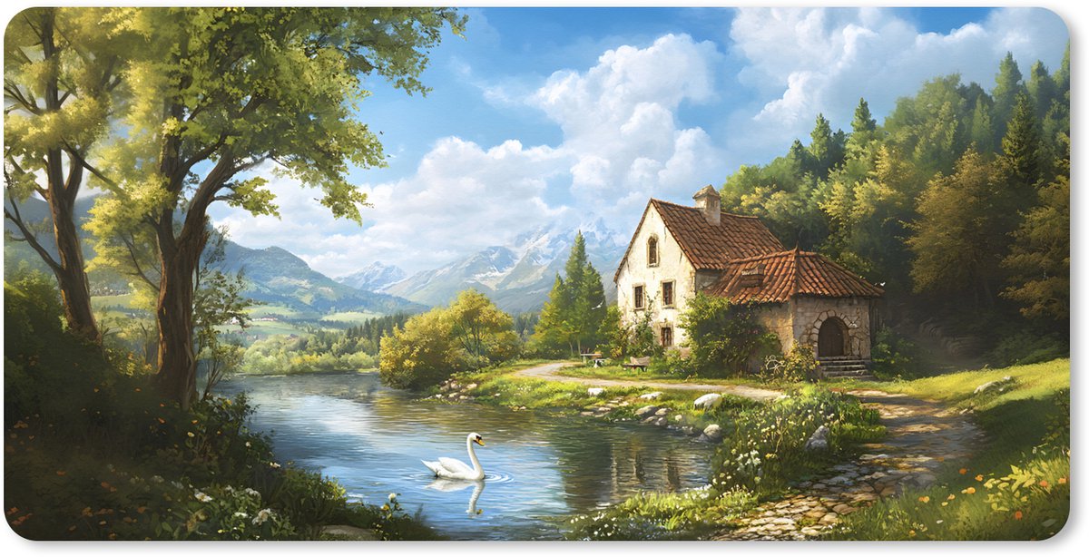 Muismat XXL 80x40 cm - Bureau onderlegger - Bureau mat Zwaan - Bomen - Rust - Bureaumat - Gaming mousepad xl - Bureaulegger groot - Computer deskmat