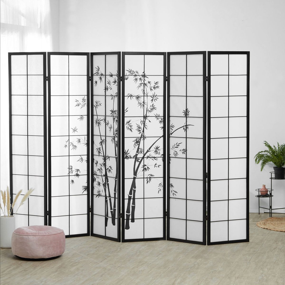 Homestyle4u Kamerscherm - 264x179 cm - zwart - 6-delig - bamboepatroon