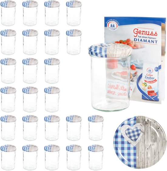 Set van 25 stuks sturzglas 435 ml To 82 deksel hout hart blauw incl. Diamant Gelierzauber receptenboekje