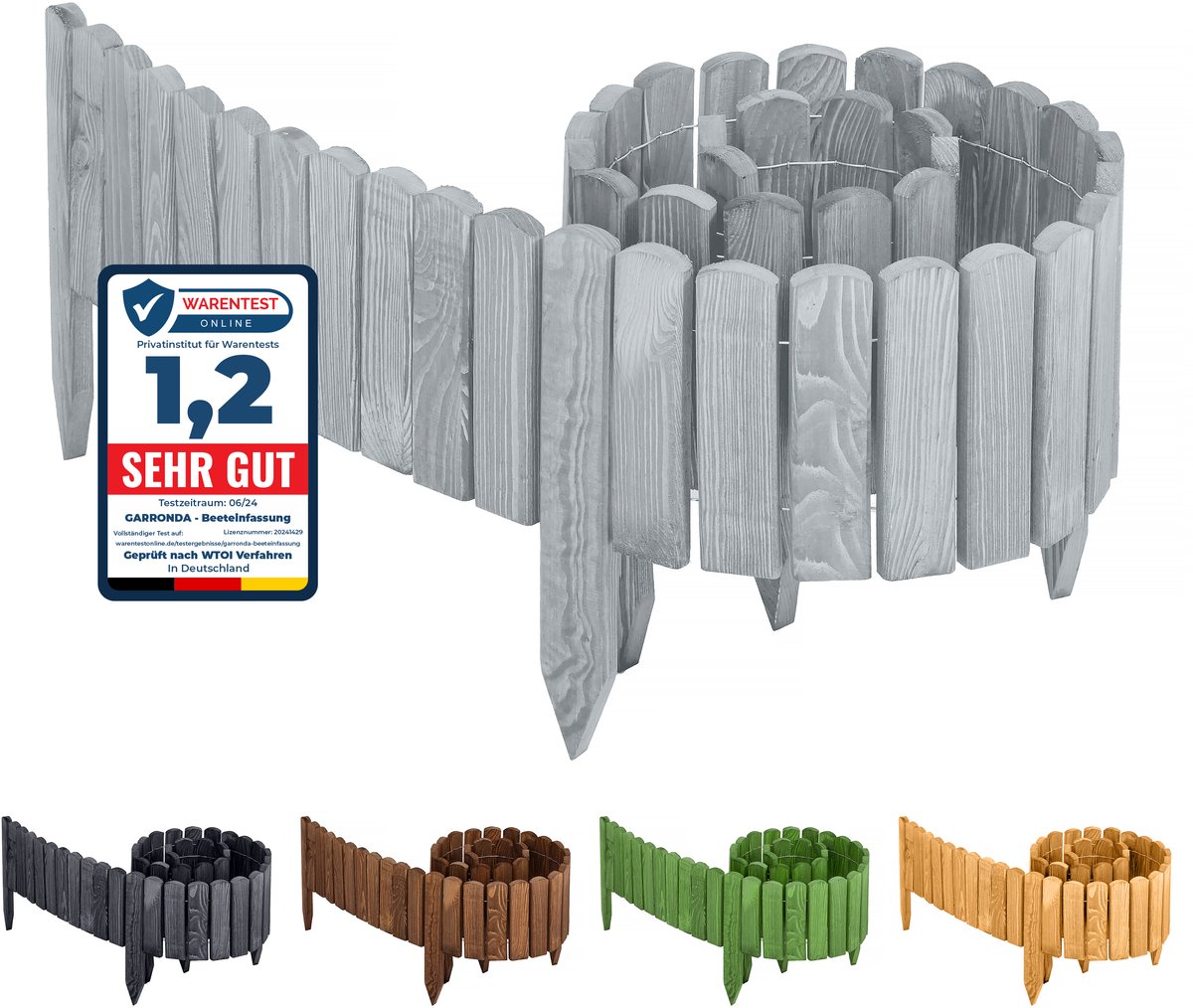 Garronda Rollborder - Flexibele houten - Gazonafscheiding - Palissade padenafscheiding - kan worden ingekort - Grijs - Hoogte: 10 cm, hekje 200 cm