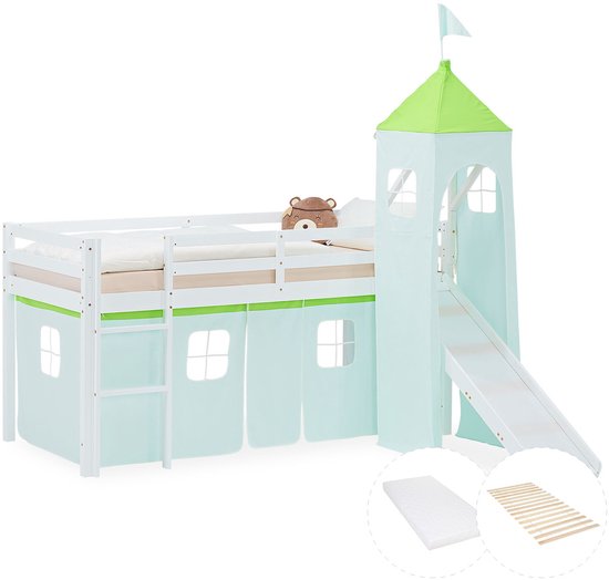Lit mezzanine Homestyle4u - 90x200 cm - vert - avec sommier à lattes et matelas