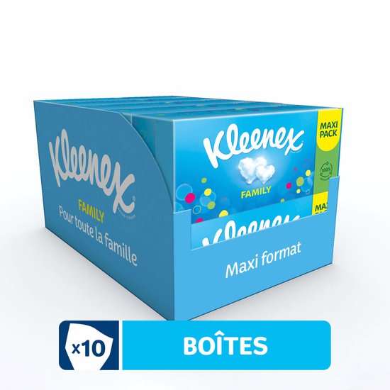 Kleenex Mouchoirs Boîte - Family - 128 mouchoirs x 10 boites - Pack économique