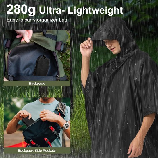 Zwarte regenponcho, laat de waterdichte poncho opbergen in rugzak.