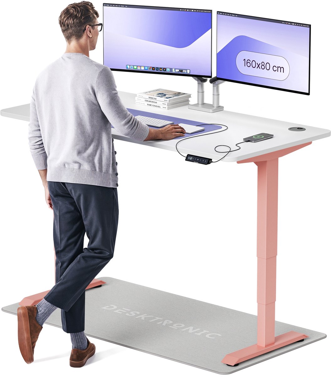 Desktronic HomePro Zit-sta Bureau Elektrisch In Hoogte Verstelbaar, 160x80 cm Roze/Wit, Stille Dubbele Motor, Hoogte 62-126cm