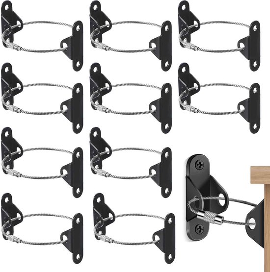 Longziming - Sangles anti-basculement pour meubles - 10 jeux de sangles de fixation en acier inoxydable - Sécurité anti-basculement robuste pour Armoires, étagères et Commodes - Matériel de montage inclus - Zwart