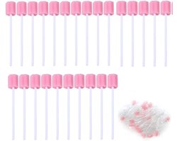 Disposable Mondverzorging Spons - Verpakking van 100 - Draagbare Mond Spons - Wegwerp Spons - Katoenen Spons - Mondhygiëne Spons - Mondzorg Sticks voor het Schoonmaken van Tandartspraktijken (Roze)