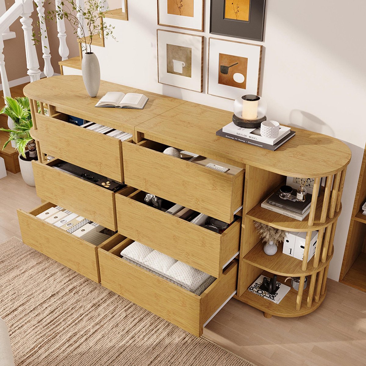 Pugsdrly Commode buffetkast 160 cm eiken, Romeins design met zuilen en bamboe planken, 6 laden en open planken, in hoogte verstelbare poten, H75/L160/P40 cm Chêne
