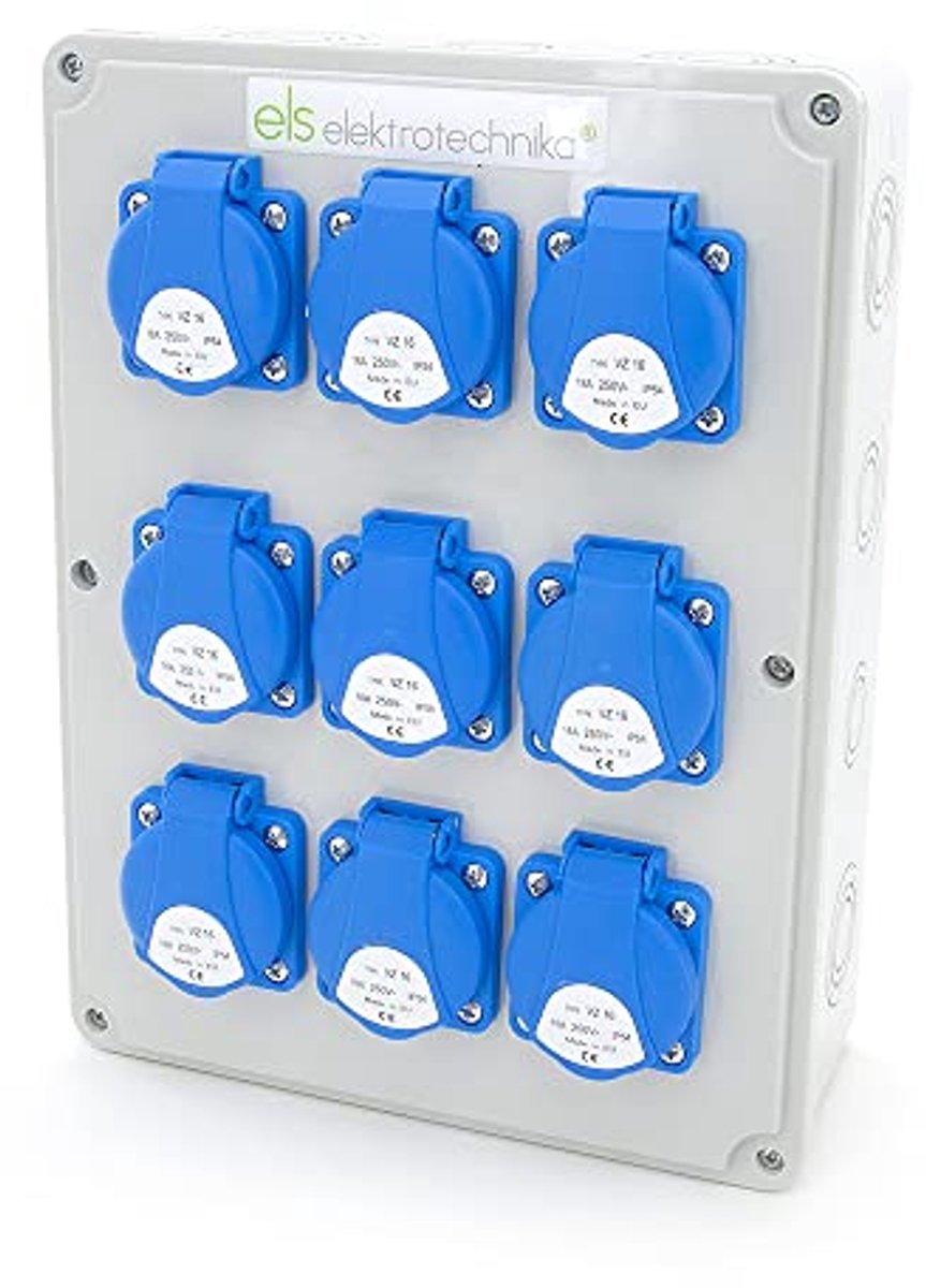 Bouwstroomverdeler met 9 x 230 V Schuko Stopcontacten - IP54 Wandverdeler voor Binnen en Buiten - Klaar om aan te Sluiten