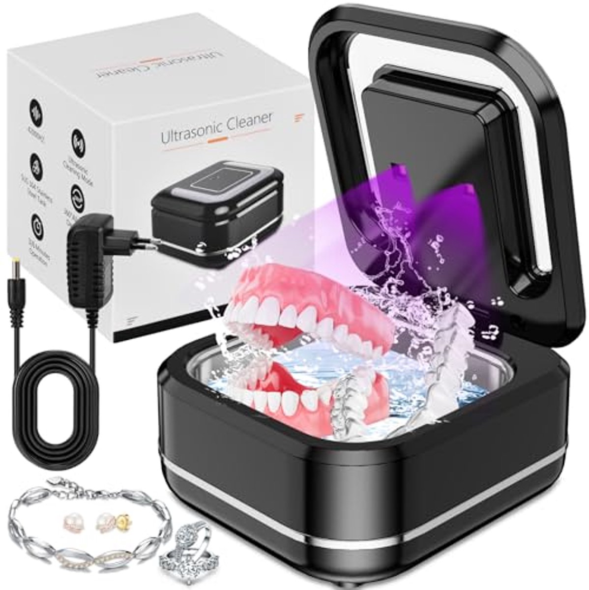 Ultrasoon reiniger 48000Hz - 24W voor tanden, dentale apparaten, en sieraden | 180ML | UV-lamp | Perfect voor gebitsprothesen, retainer, ringen, en horloges