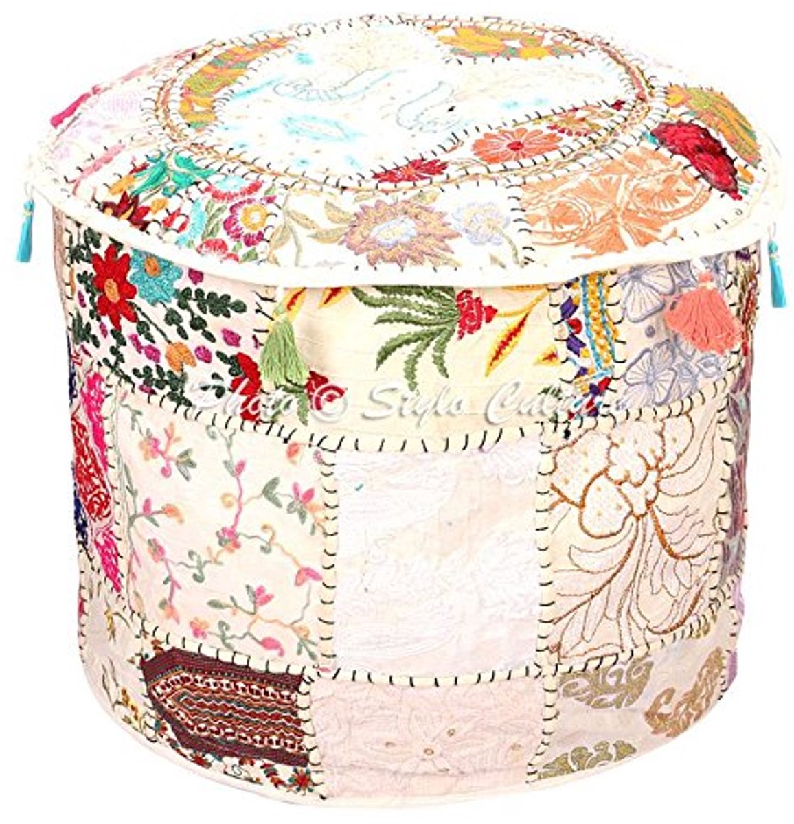 Etnische Ottomaanse Poefhoes met Borduurwerk - Ronde Katoenen Hoes (55 cm)