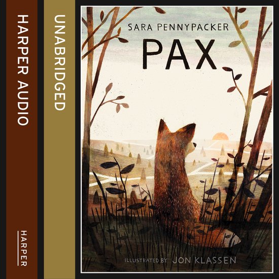Boek "Pax" met een vos op de voorkant, kijkend naar een zonsopgang door bomen.