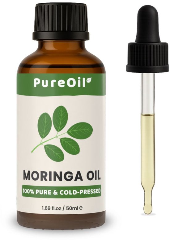 Bruine glazen fles PureOil Moringa olie met groene bladeren en een druppelaar ernaast.