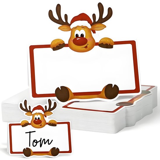 Stapel van 20 rendier naamkaartjes, waarvan één met de naam 'Tom', voor kerstdiner decoratie.
