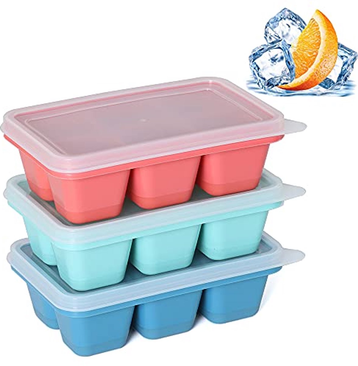 Mini IJsblokjesvormen voor Vriezer - 3 Stuks met Deksel en Siliconen Bodem, Stapelbare Kleine IJsblokjes Bakjes in Blauw, Rood en Mintgroen