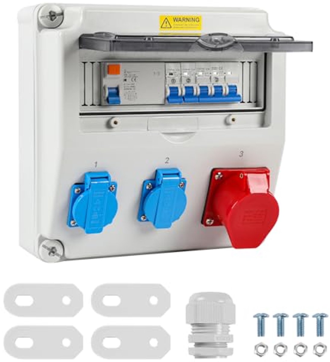 Wandverdeler 1 x 16 A 2 x 230 V met LS+FI, 5-polige bouwstroomverdeler met 2 geaarde stopcontacten en CEE stopcontact 16 A