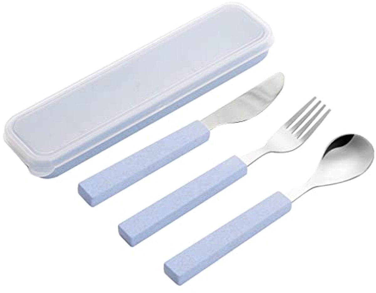 Image of 2-delig kinderbestek set van roestvrij staal - vork en eetlepel met opbergdoos - blauw