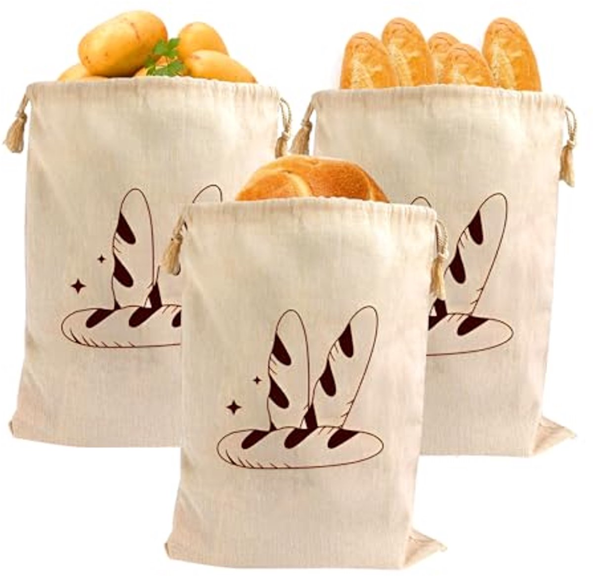 Katoenen broodzakken 30 x 40 cm - 3 stuks voor vers brood en gebak