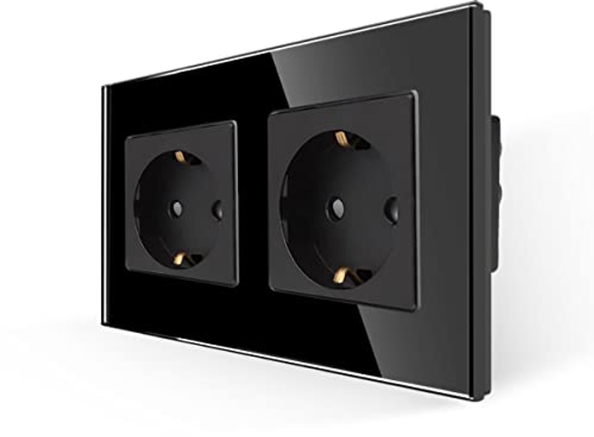 Dubbel Schuko Stopcontact Zwart 16Amp - Inbouw, Aarde Aansluiting, 250V