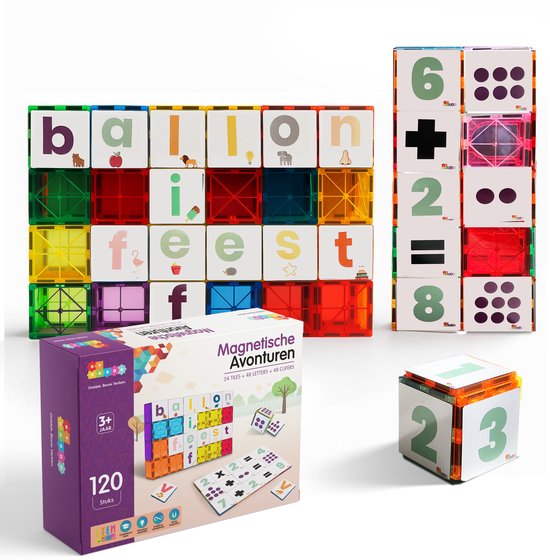 By Baboo® Magnetic Tiles - Letters & Cijfers - 120 Stuks - Magnetisch Speelgoed - Tegels & Toppers - Magna Creatief Kerstcadeau Jongens Meisjes Cadeautjes - Educatief Mind Montessori Kinderspeelgoed 3 Jaar, 4 jaar, 5 jaar, 6 jaar, 7 jaar, 8 jaar