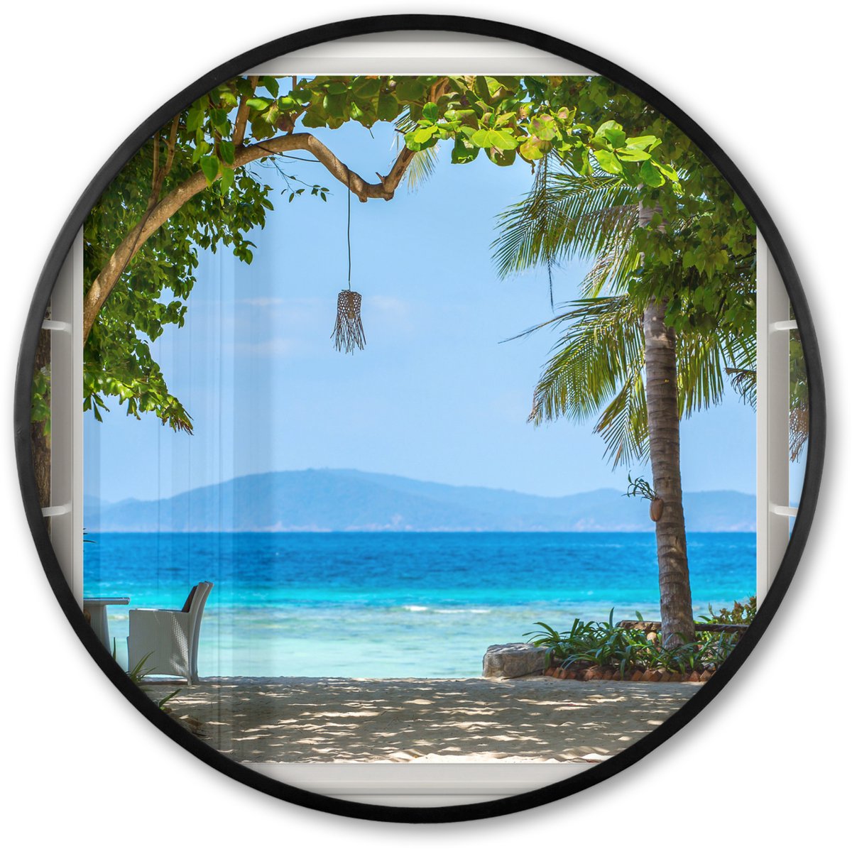 FrameYourWall Poster in lijst Rond - Fotolijst 80x80 cm - Posters - Doorkijk - Boom - Zee - Palmboom - Heuvels - Strand - Blauw - Ronde posterlijst zwart - Decoratie - Wanddecoratie woonkamer - Muurdecoratie slaapkamer Doorkijk - Zomers