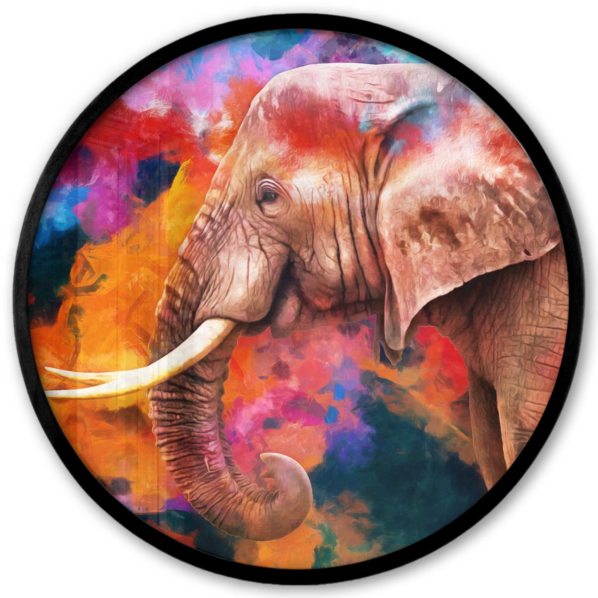 FrameYourWall Poster in lijst Rond - Fotolijst 40x40 cm - Posters - Schilderij - Olieverf - Regenboog - Olifant - Ronde posterlijst zwart - Decoratie - Wanddecoratie woonkamer - Muurdecoratie slaapkamer Multicolor