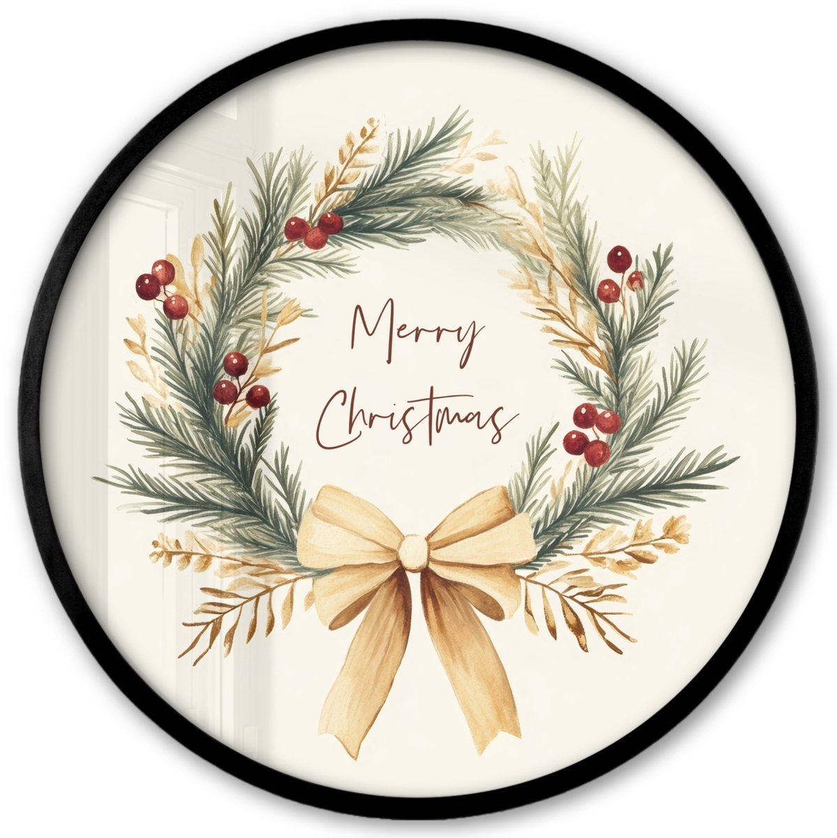 FrameYourWall Poster in lijst Rond - Fotolijst 40x40 cm - Posters - Kerstkrans - Kerst - Goud - Beige - Ronde posterlijst zwart - Decoratie - Wanddecoratie woonkamer - Kerstdecoratie voor binnen - Kerstversiering - Kerstmis versiering in huis - Kerstaccessoires