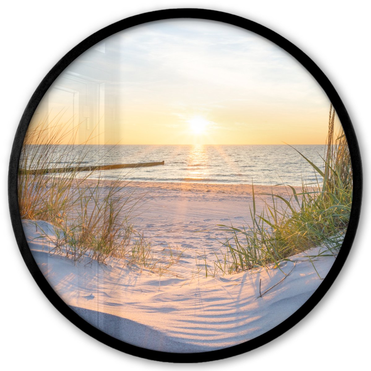 FrameYourWall Poster in lijst Rond - Fotolijst 40x40 cm - Posters - Strand - Zon - Duin - Gras - Zand - Horizon - Ronde posterlijst zwart - Decoratie - Wanddecoratie woonkamer - Muurdecoratie slaapkamer Strand - Duinen