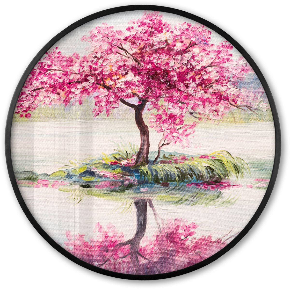 FrameYourWall Poster in lijst Rond - Fotolijst 80x80 cm - Posters - Schilderij - Bloesem - Bloesemboom - Water - Olieverf - Ronde posterlijst zwart - Decoratie - Wanddecoratie woonkamer - Muurdecoratie slaapkamer Multicolor