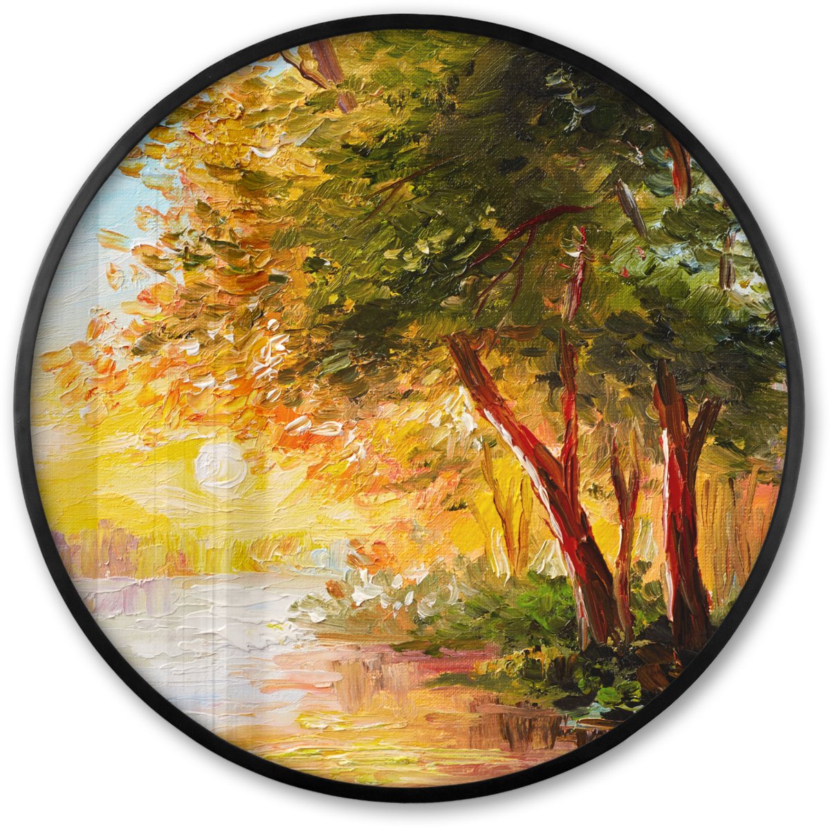 FrameYourWall Poster in lijst Rond - Fotolijst 60x60 cm - Posters - Natuur - Schilderij - Boom - Water - Ronde posterlijst zwart - Decoratie - Wanddecoratie woonkamer - Muurdecoratie slaapkamer Multicolor