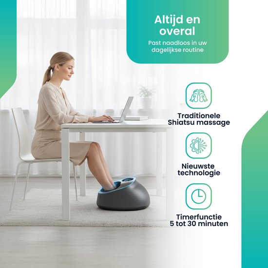 Vrouw met voetmassager, "Altijd en overal Past naadloos in uw dagelijkse routine" met pictogrammen voor Shiatsu massage, nieuwste technologie en timerfunctie.