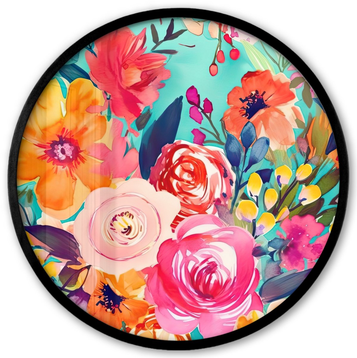 FrameYourWall Poster in lijst Rond - Fotolijst 40x40 cm - Posters - Bloemen - Olieverf - Kleurrijk - Natuur - Ronde posterlijst zwart - Decoratie - Wanddecoratie woonkamer - Muurdecoratie slaapkamer Bloemen - Kleurrijk