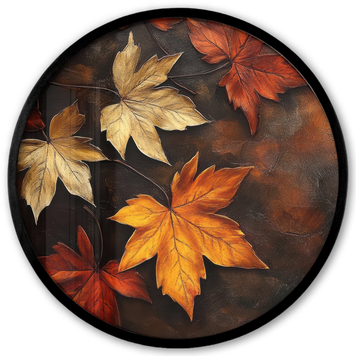 FrameYourWall Poster in lijst Rond - Fotolijst 40x40 cm - Posters - Herfstbladeren - Bruin - Oranje bladeren - Herfst rood - Ronde posterlijst zwart - Decoratie - Wanddecoratie woonkamer - Muurdecoratie slaapkamer