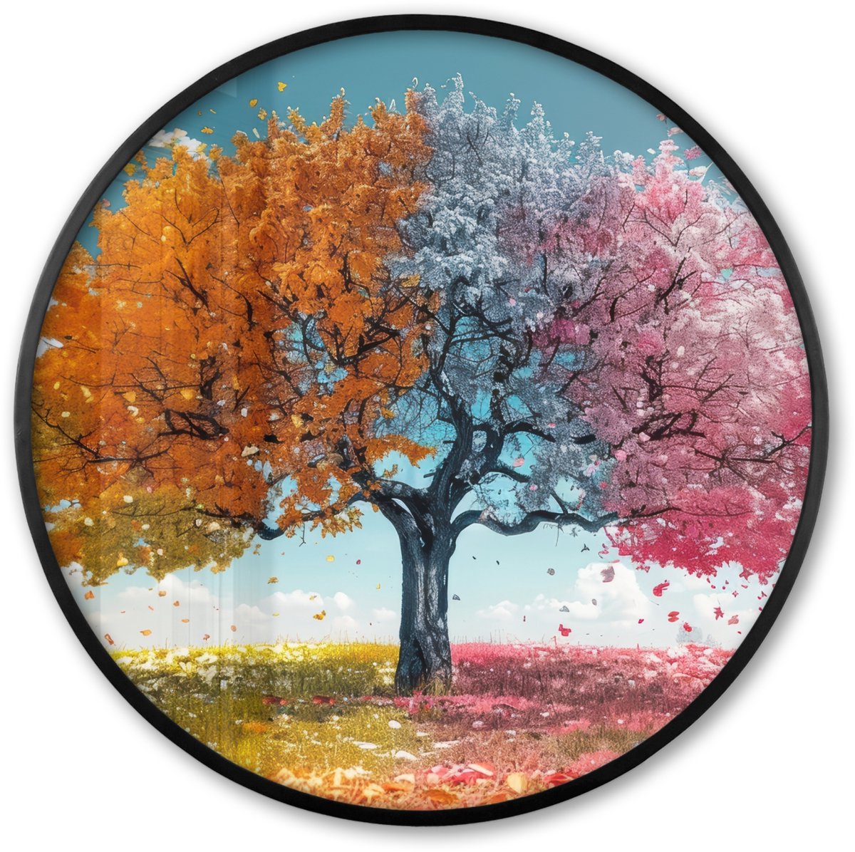 FrameYourWall Poster in lijst Rond - Fotolijst 60x60 cm - Posters - Boom - Kleurrijk - Natuur - Levensboom - Ronde posterlijst zwart - Decoratie - Wanddecoratie woonkamer - Muurdecoratie slaapkamer Boom - Kleuren