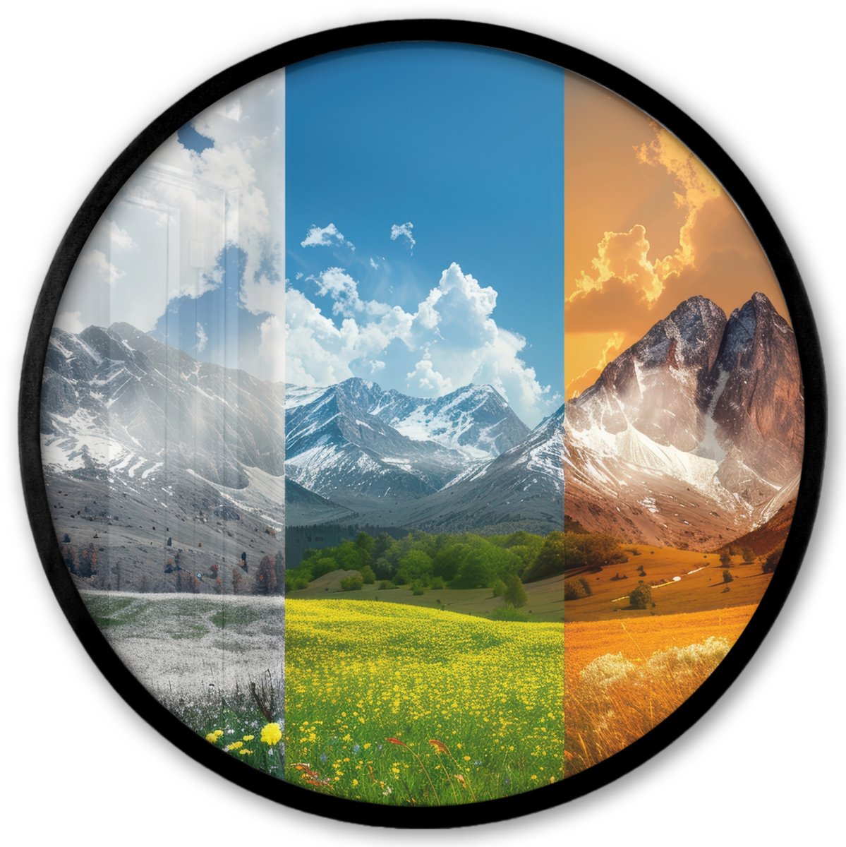 FrameYourWall Poster in lijst Rond - Fotolijst 40x40 cm - Posters - Landschap - 4 seizoenen - Natuur - Winter - Lente - Zomer - Herfst - Ronde posterlijst zwart - Decoratie - Wanddecoratie woonkamer - Muurdecoratie slaapkamer Seizoenen - Landschap