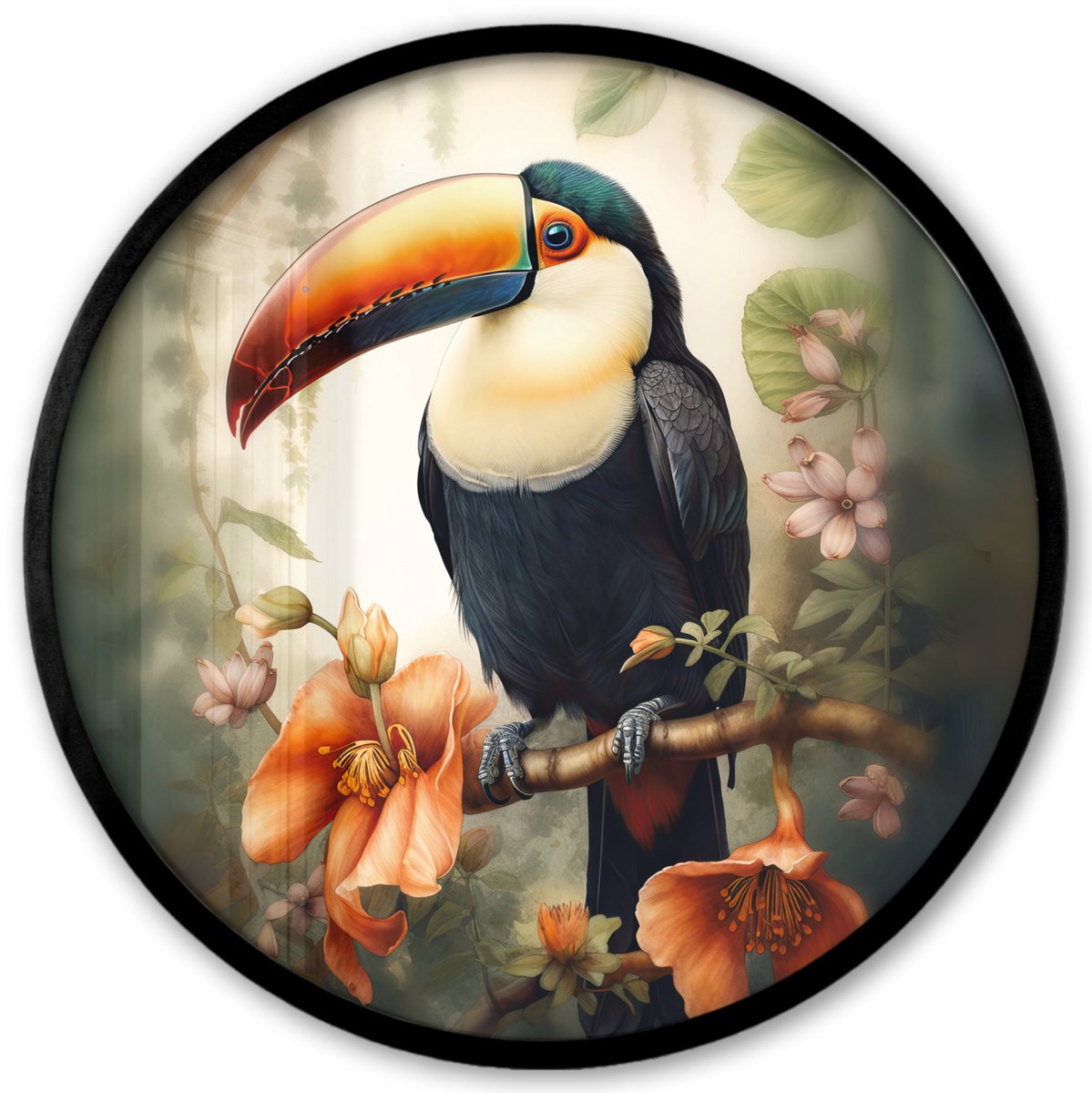 FrameYourWall Poster in lijst Rond - Fotolijst 40x40 cm - Posters - Toekan - Vogel - Bloemen - Planten - Ronde posterlijst zwart - Decoratie - Wanddecoratie woonkamer - Muurdecoratie slaapkamer Vogels - Toekan