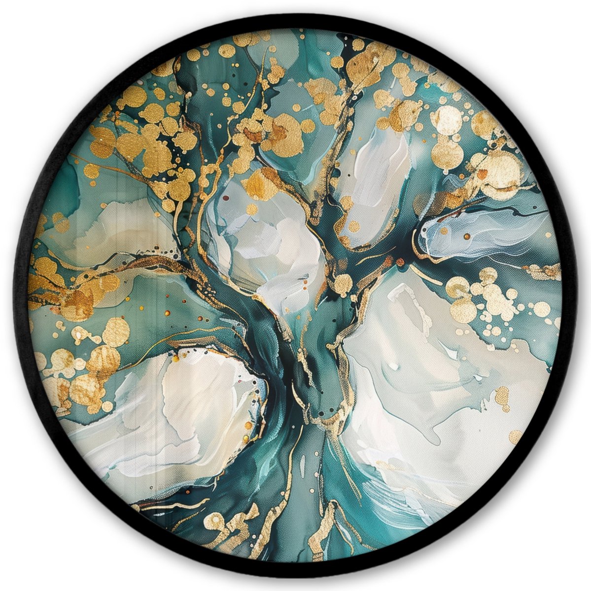 FrameYourWall Poster in lijst Rond - Fotolijst 40x40 cm - Posters - Boom - Modern - Verflook - Turquoise - Goud - Ronde posterlijst zwart - Decoratie - Wanddecoratie woonkamer - Muurdecoratie slaapkamer