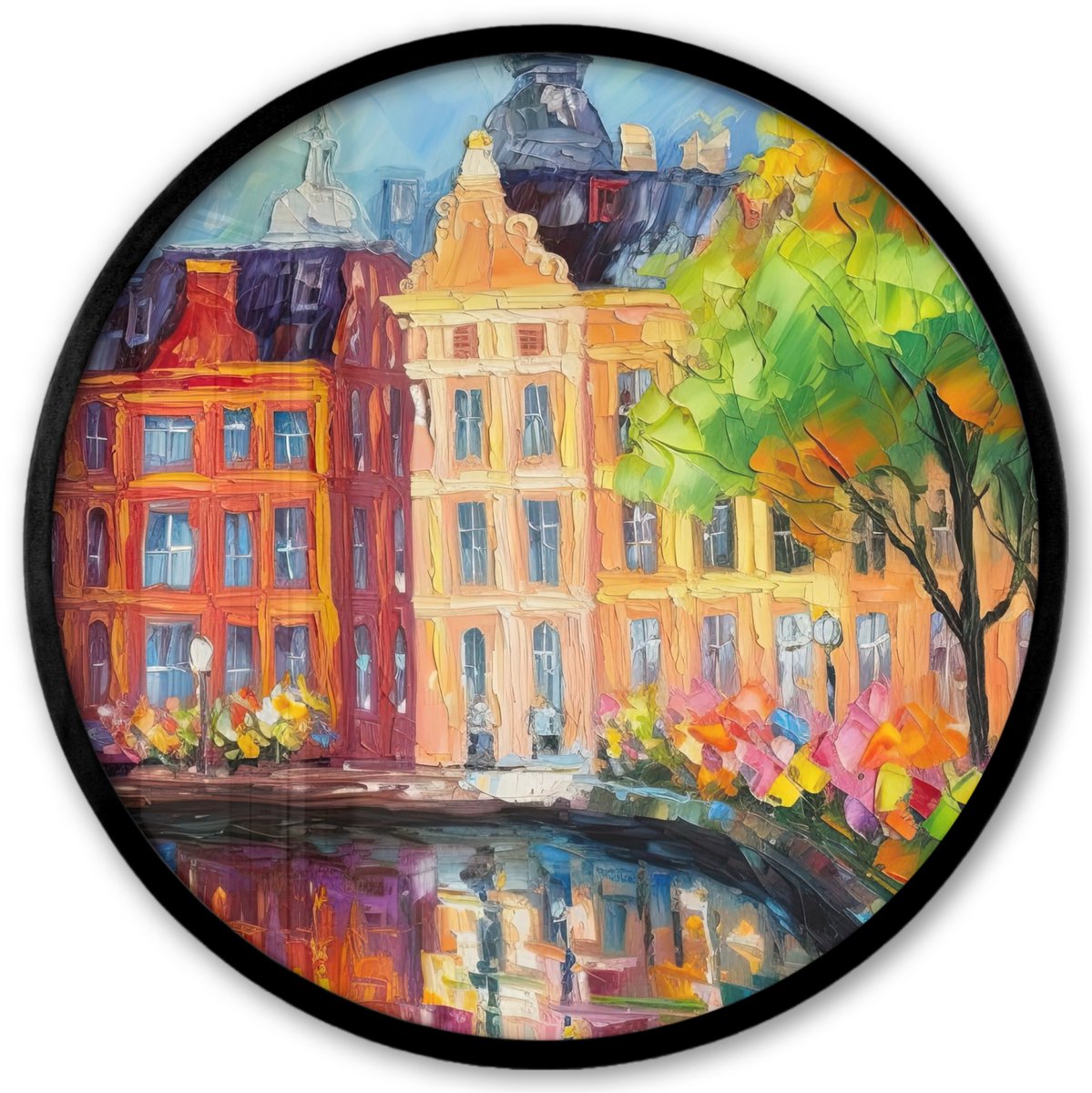 FrameYourWall Poster in lijst Rond - Fotolijst 40x40 cm - Posters - Olieverf - Amsterdam - Kunst - Kleurrijk - Ronde posterlijst zwart - Decoratie - Wanddecoratie woonkamer - Muurdecoratie slaapkamer Schilderij - Amsterdam
